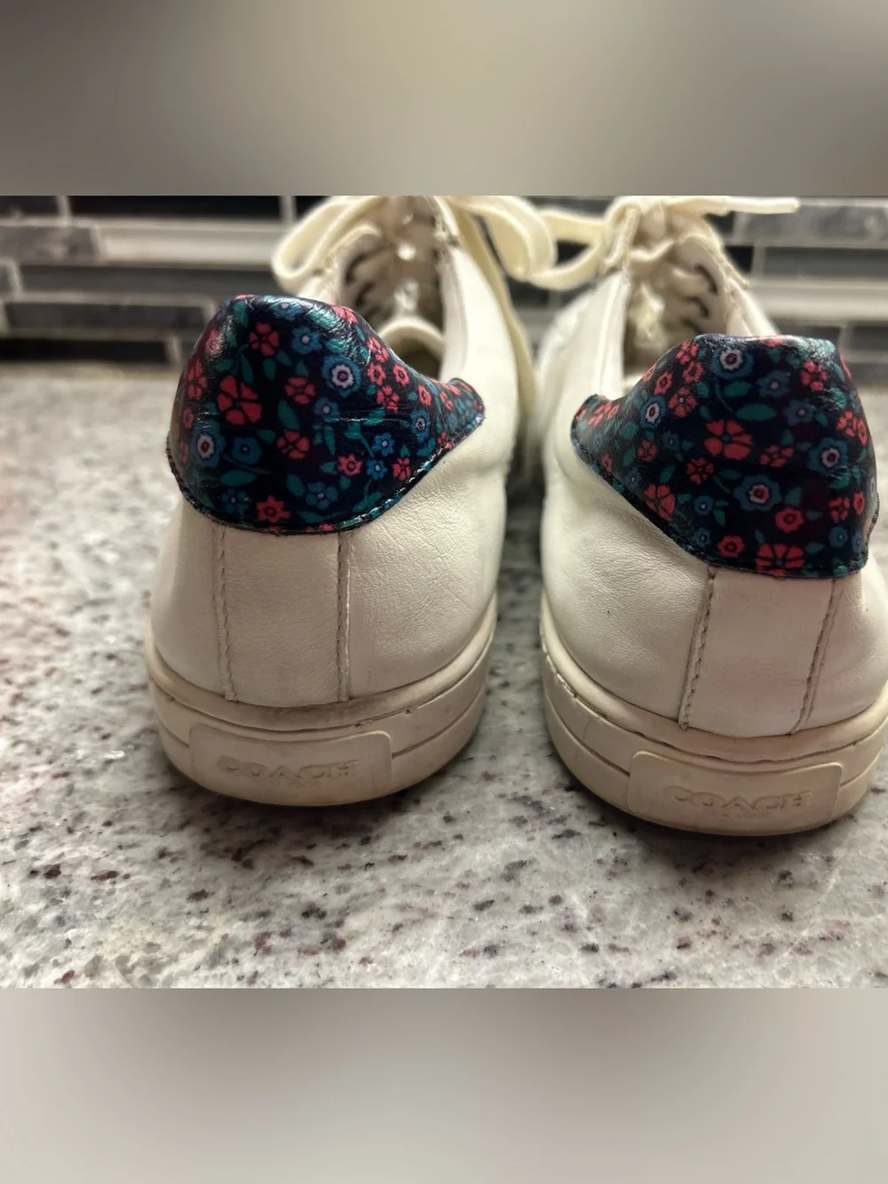 Coach Porter off white Leather Lace-Up Sneakers with Floral Heel size 11